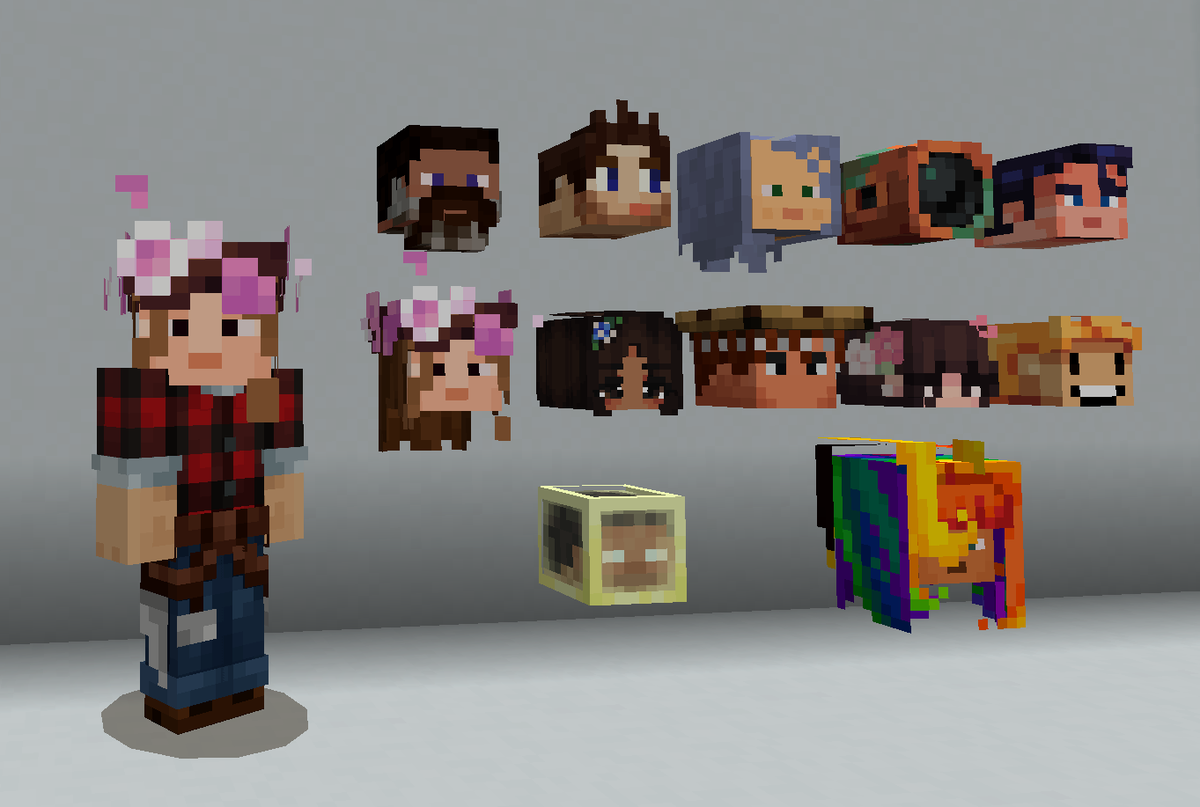 Player heads placed on a wall, and one being worn